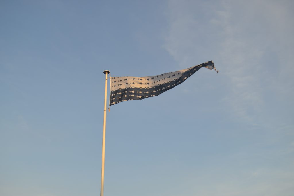 Photo d'un drapeau aux couleurs de la Bretagne qui flotte au vent